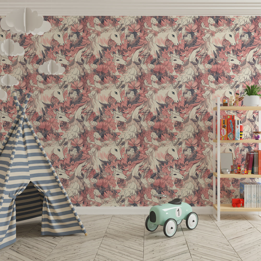 Magical unicorn wallpaper with soft pink tones in children's room interior