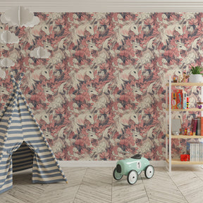 Magical unicorn wallpaper with soft pink tones in children's room interior