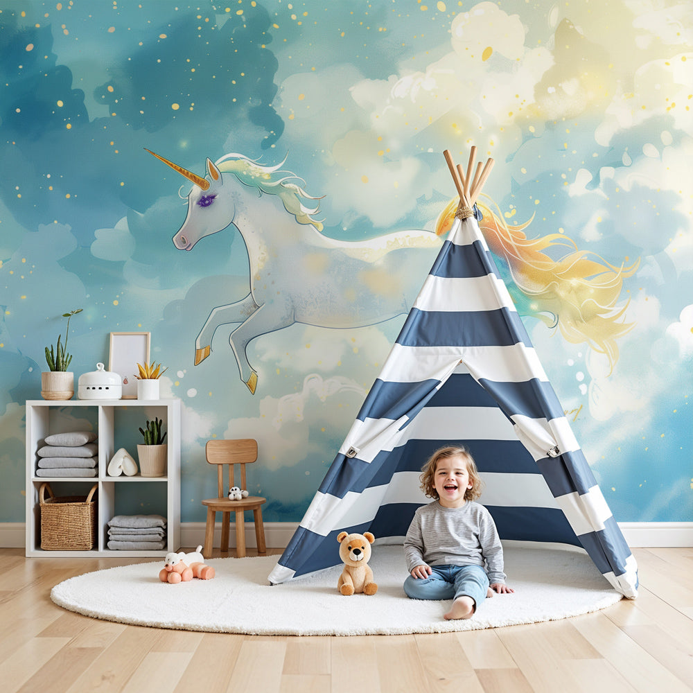 Unicorn starry sky mural wallpaper in modern kids bedroom with dreamy blue clouds by Kids-Mundo