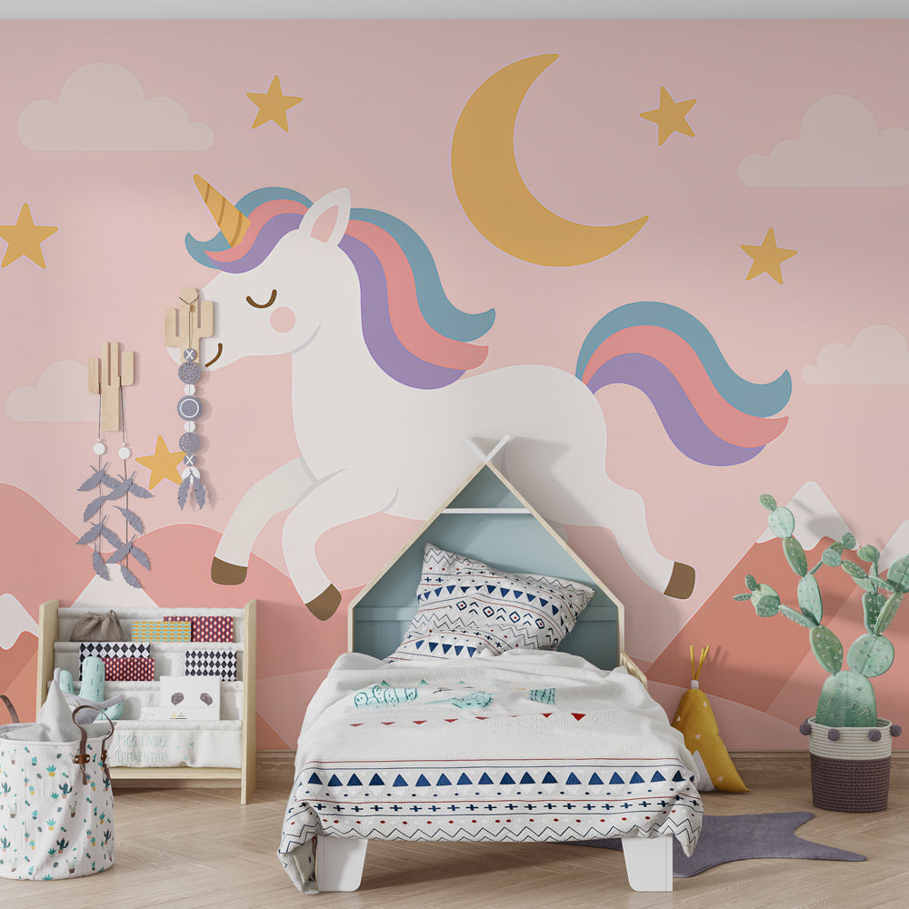 Dreamy unicorn mural wallpaper for toddler room with soft pastel colors and stars