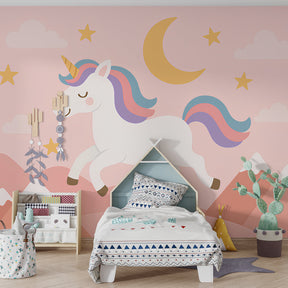 Dreamy unicorn mural wallpaper for toddler room with soft pastel colors and stars