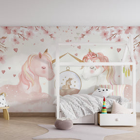 Watercolor unicorn mural wallpaper with floral motifs for peaceful children's room by Kids-Mundo
