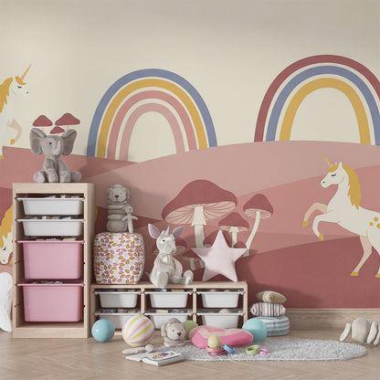 Kids bedroom featuring the Kids-Mundo pastel unicorn meadow wall mural with rainbows and mushrooms