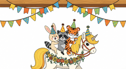Kids-Mundo flat artwork of a garlanded unicorn carrying a bunny, raccoon and tiger in party hats