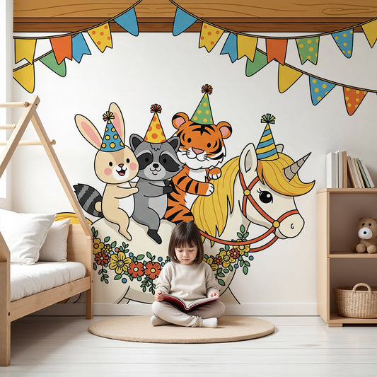 Kids-Mundo unicorn birthday party animal friends wall mural fitted above a cot in a warm-toned nursery