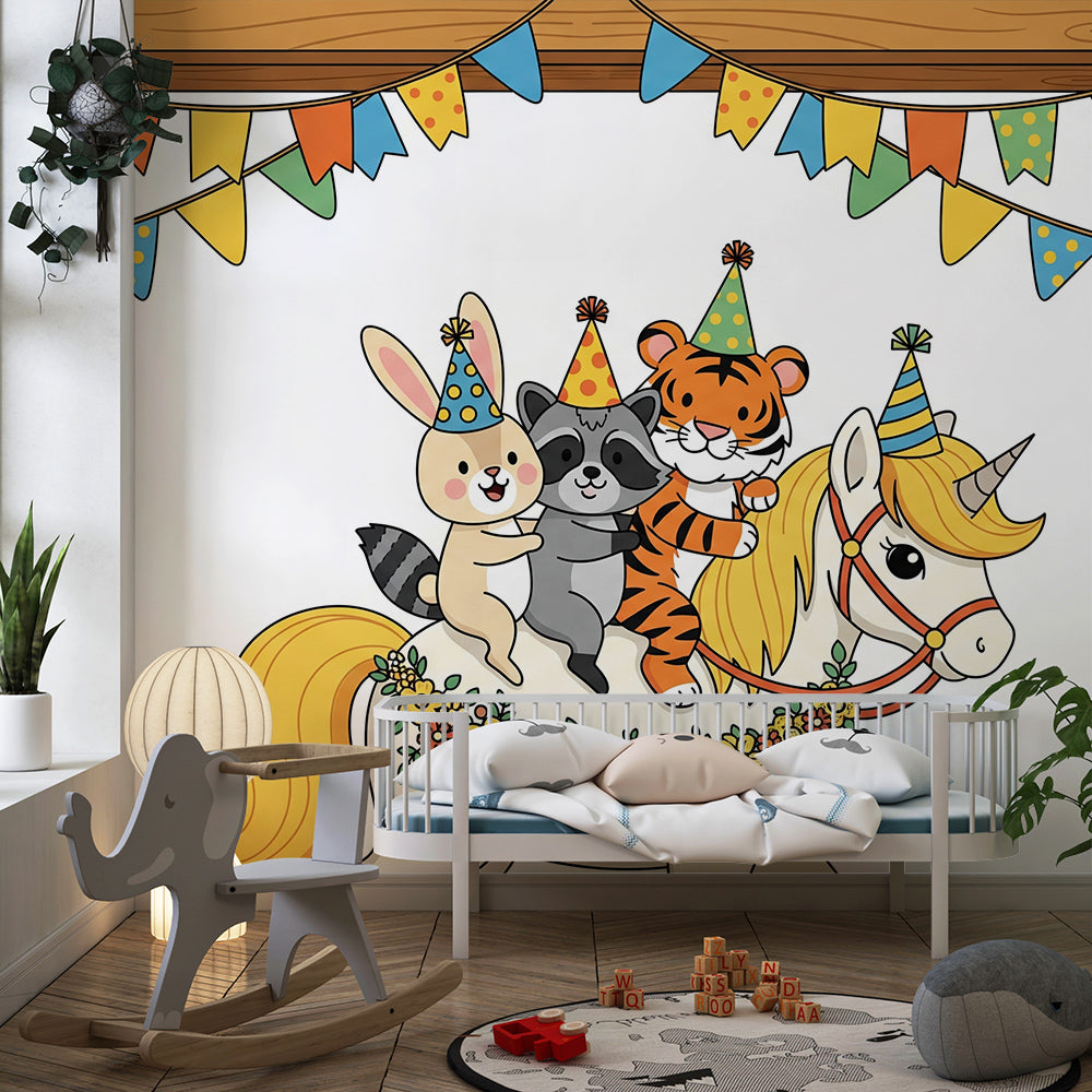 Kids-Mundo unicorn party animals mural bringing bunting and colour to a children's playroom