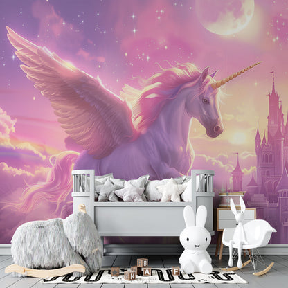 Unicorn pegasus and castle wall mural by Kids-Mundo behind a bed in a kids bedroom