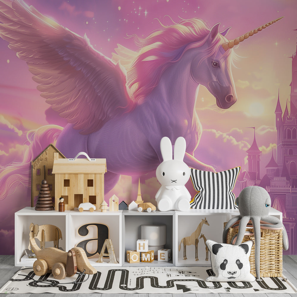 Kids-Mundo unicorn wall mural adding fantasy charm to a children's playroom wall