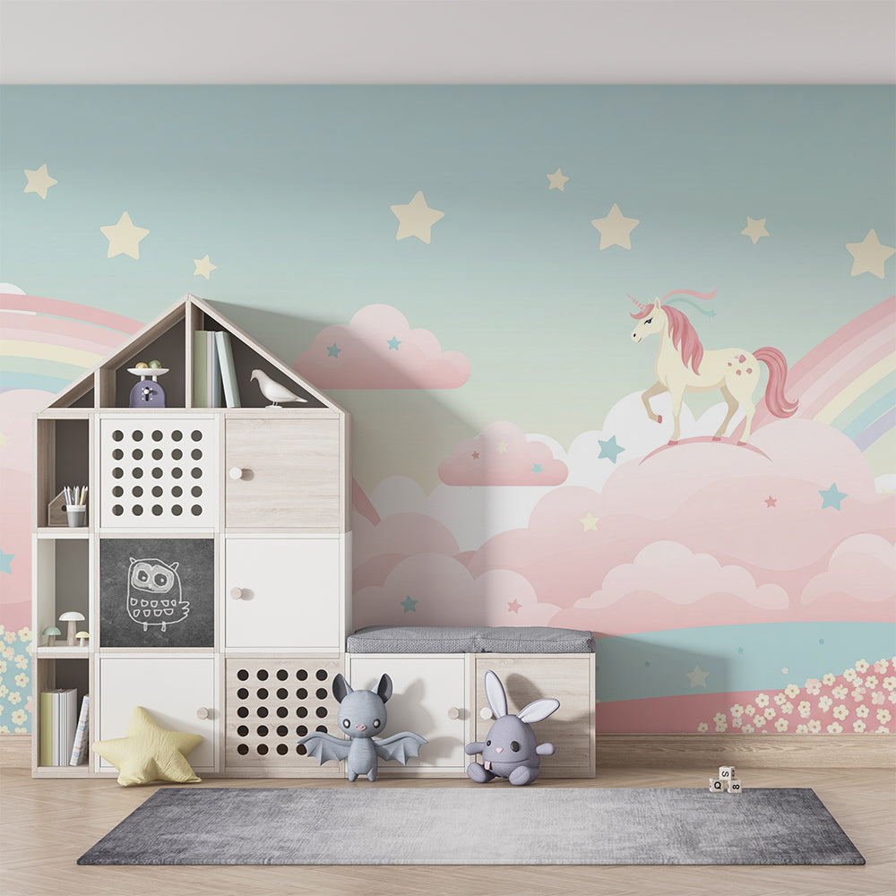 Kids bedroom with the Kids-Mundo unicorn on pink clouds rainbow wall mural as a feature wall