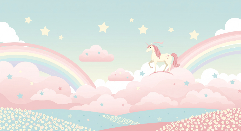 Pastel Unicorn on Pink Clouds and Rainbow Wall Mural