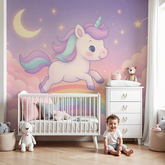 Kids-Mundo magical unicorn rainbow wall mural covering a nursery feature wall