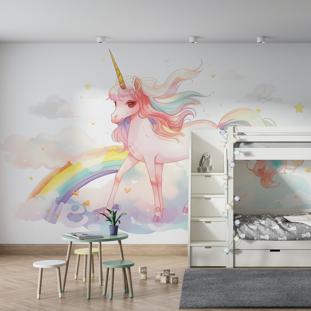 Magical unicorn wallpaper creating dreamy atmosphere in children's bedroom decor