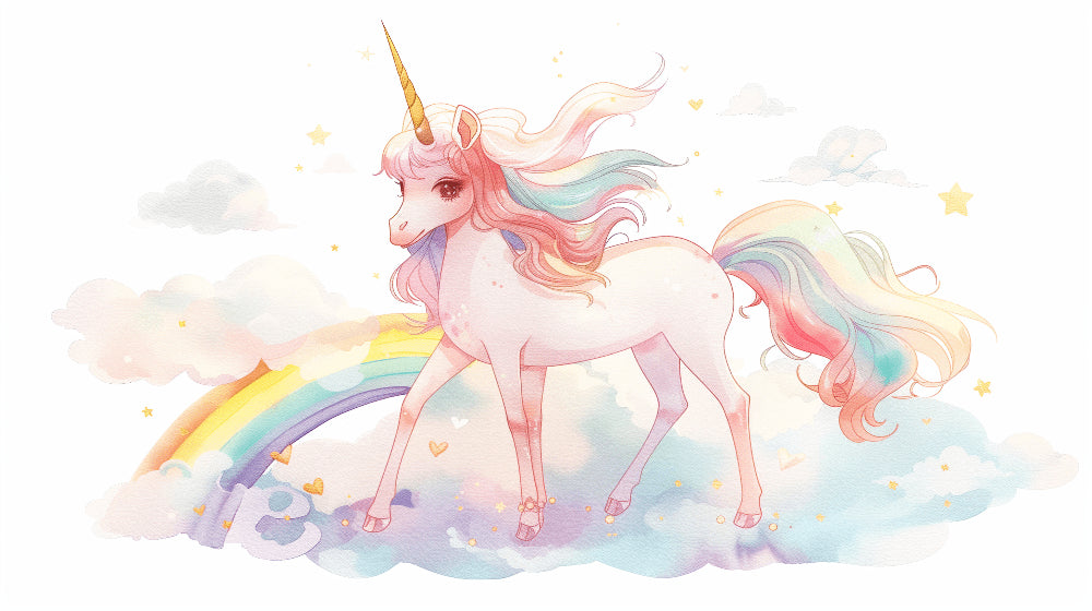 Detailed unicorn rainbow mural wallpaper design pattern with starry clouds by Kids-Mundo