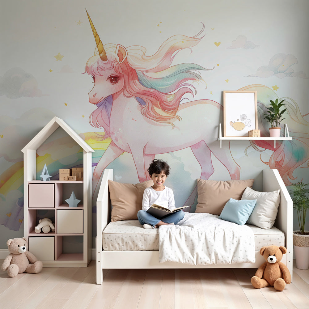Unicorn rainbow mural wallpaper in modern nursery with starry clouds design by Kids-Mundo