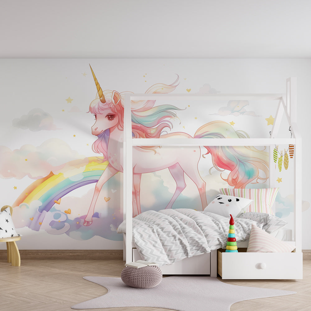 Rainbow unicorn mural wallpaper transforming kids playroom with whimsical cloud theme