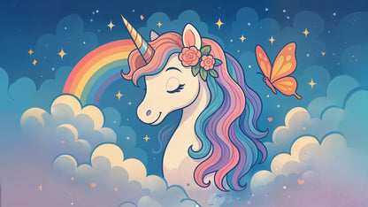 Flat artwork of the Kids-Mundo unicorn wall mural with rainbow, roses, butterfly and starry sky