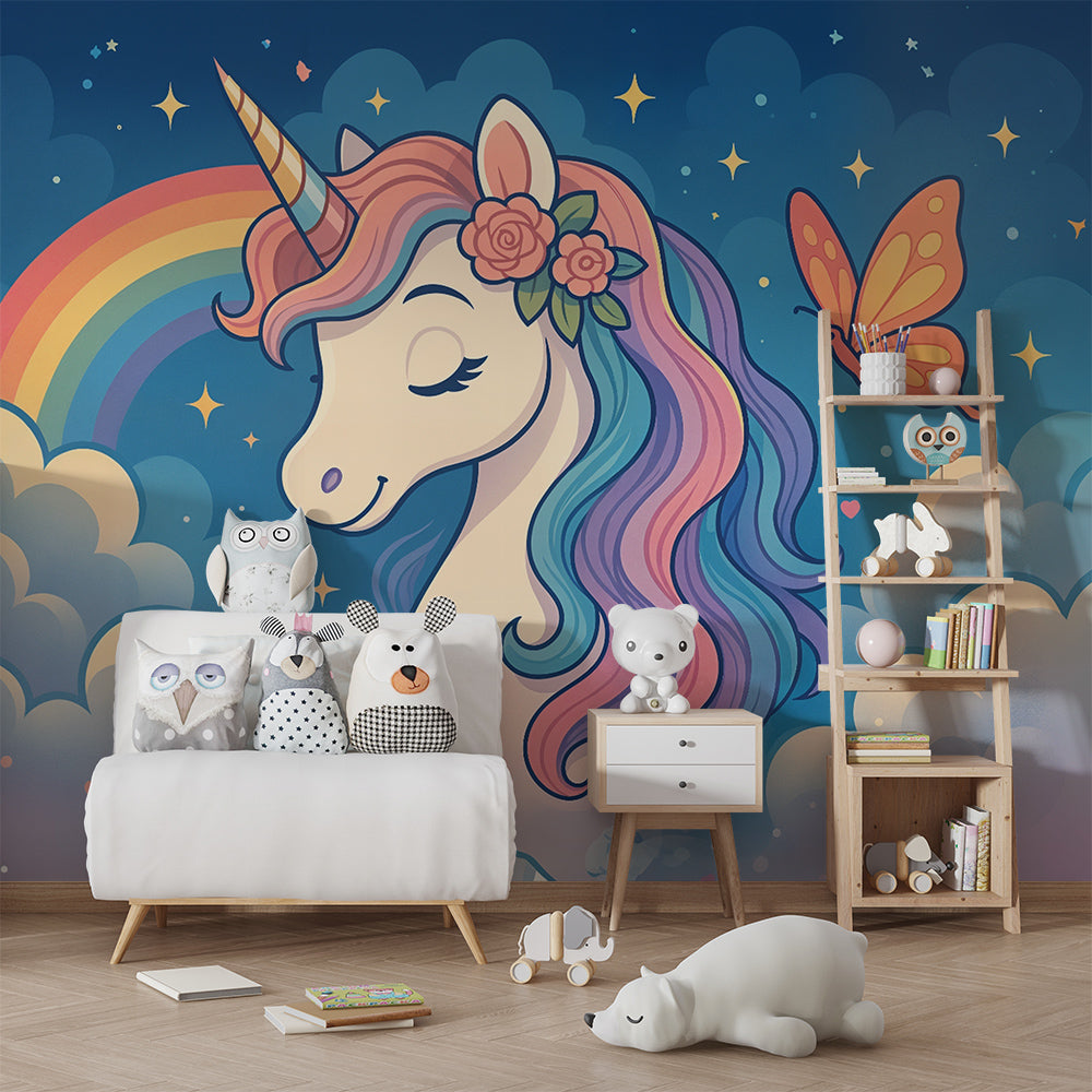 Kids-Mundo unicorn and starry rainbow wall mural covering a feature wall in a bright playroom
