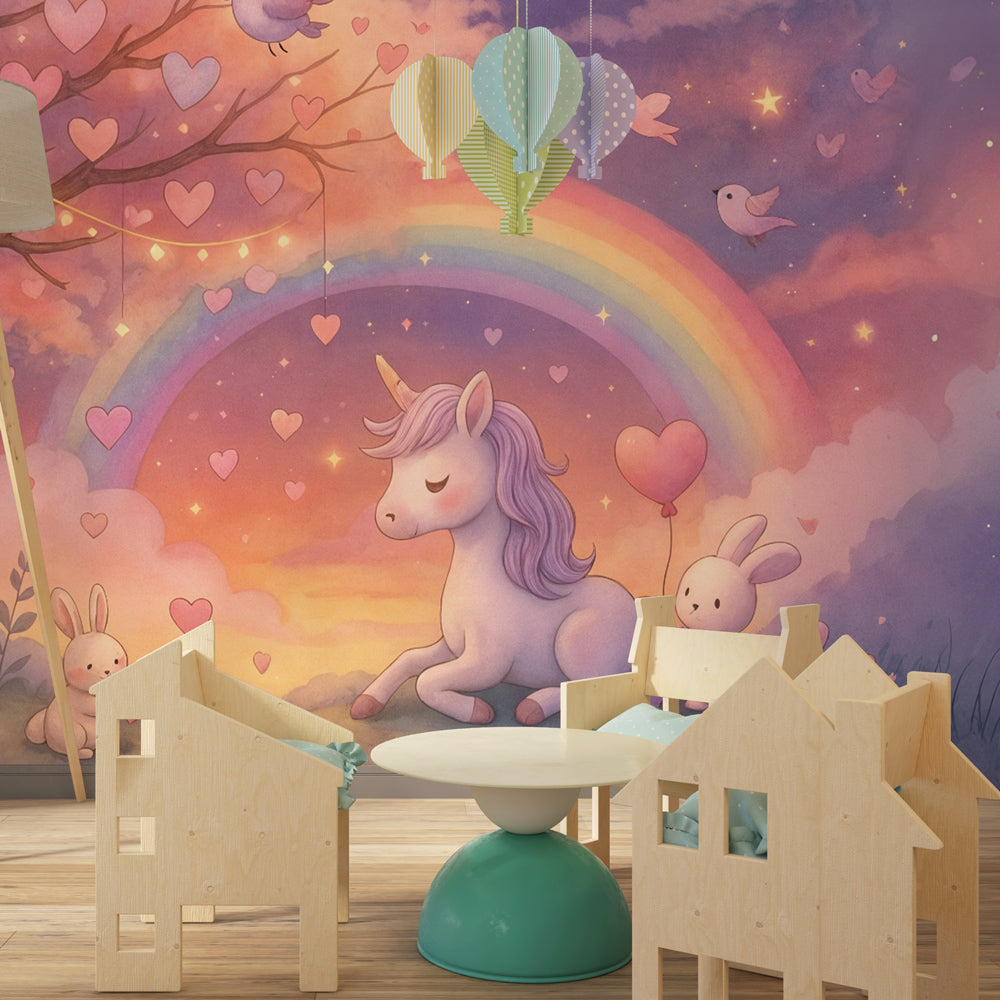 Kids-Mundo fairytale unicorn wall mural with rainbow and fox shown in a girl's bedroom