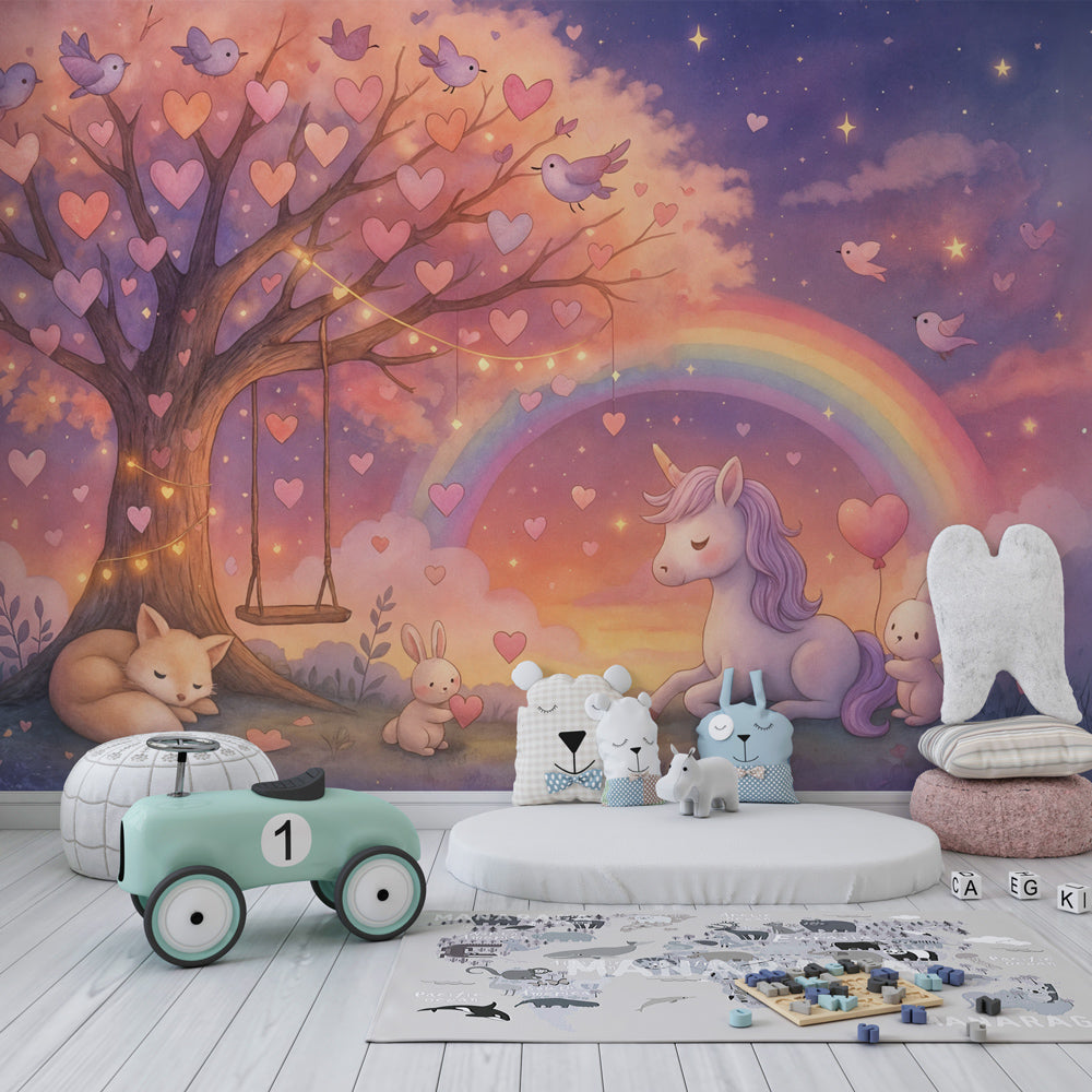 Kids-Mundo unicorn rainbow wall mural with bunnies and birds displayed in a kids' playroom