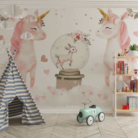 Kids-Mundo unicorn snow globe wall mural in a girls' bedroom feature wall