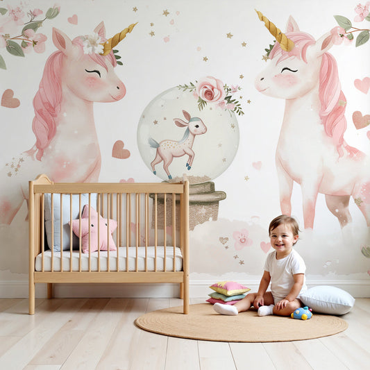 Kids-Mundo pink unicorn wall mural with snow globe styled in a soft pastel nursery