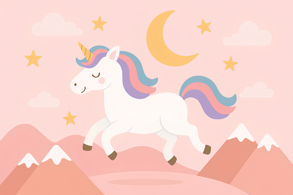 Unicorn Leaping Under a Starry Pink Sky Wall Mural