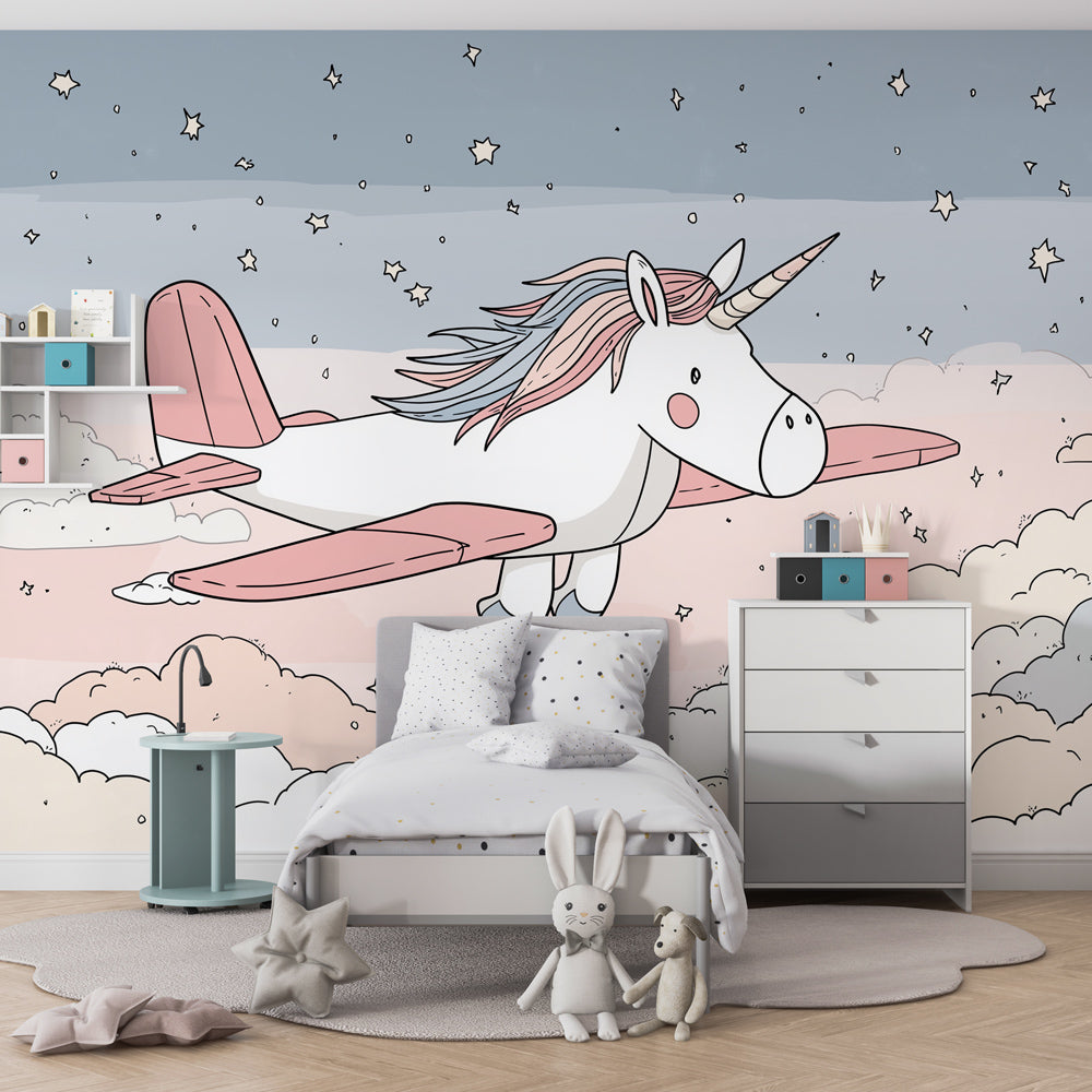 Unicorn starry sky mural wallpaper in children's bedroom with pastel pink and blue colors