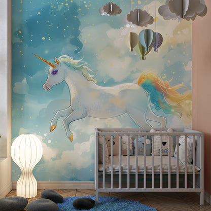 Kids-Mundo magical unicorn wall mural bringing sparkle to a children's playroom wall.