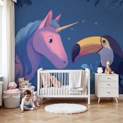 Kids-Mundo unicorn and toucan wall mural styled on a feature wall in a soft blue nursery.