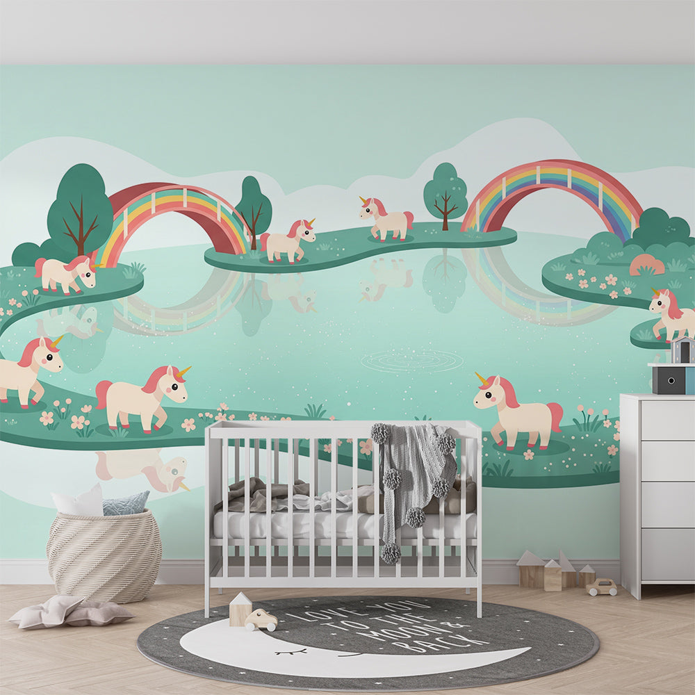 Kids-Mundo unicorn and rainbow lake wall mural bringing playful charm to a bedroom.