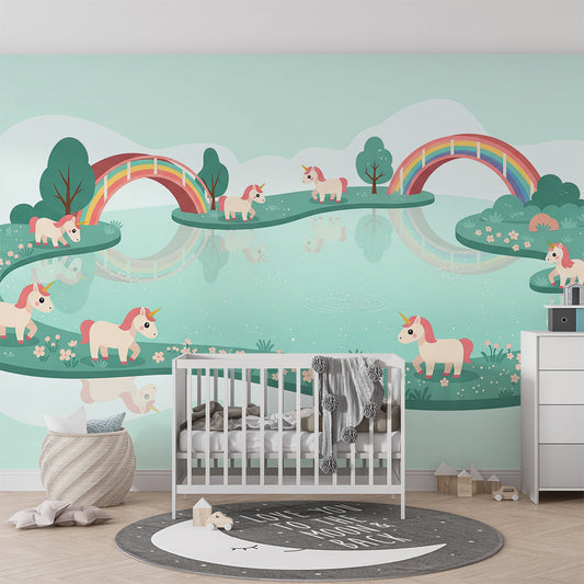 Kids-Mundo unicorn and rainbow lake wall mural bringing playful charm to a bedroom.