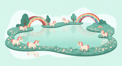 Kids-Mundo flat artwork of unicorns beside a mint lake with two rainbow bridges.