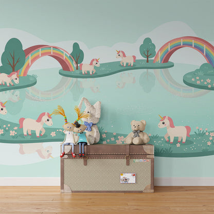 Kids-Mundo unicorn and rainbow lake wall mural filling a playroom with gentle magic.