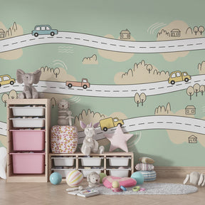 Vehicle themed mural wallpaper transforming children's bedroom with cars and trucks by Kids-Mundo