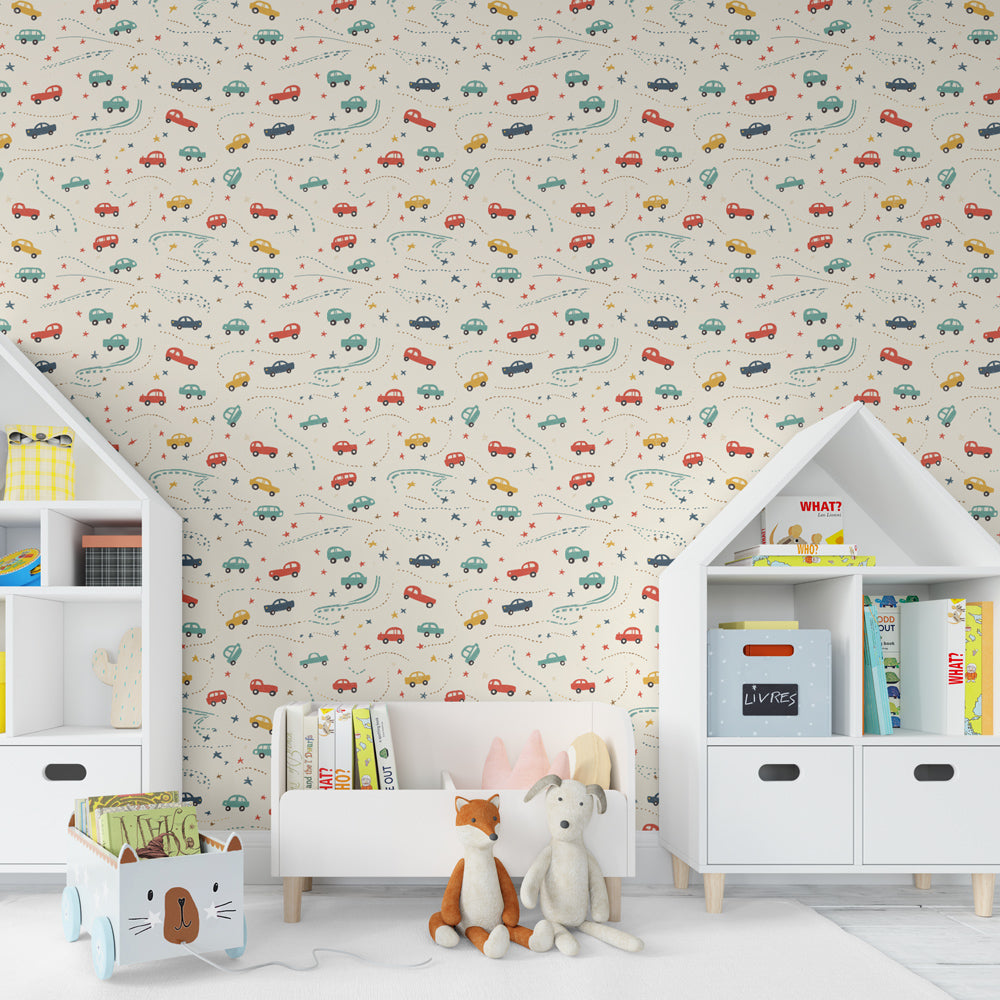 Vehicle themed mural wallpaper creating joyful kids bedroom atmosphere with bright cars
