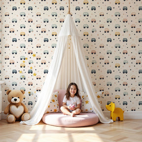 Vehicle mural wallpaper with soft colored cars creating cozy nursery atmosphere by Kids-Mundo