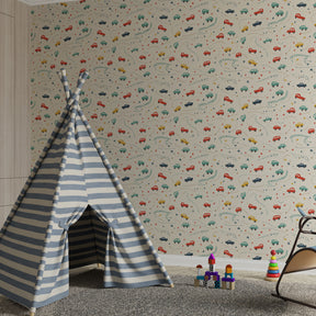Cars mural wallpaper transforming playroom into automotive adventure space for children