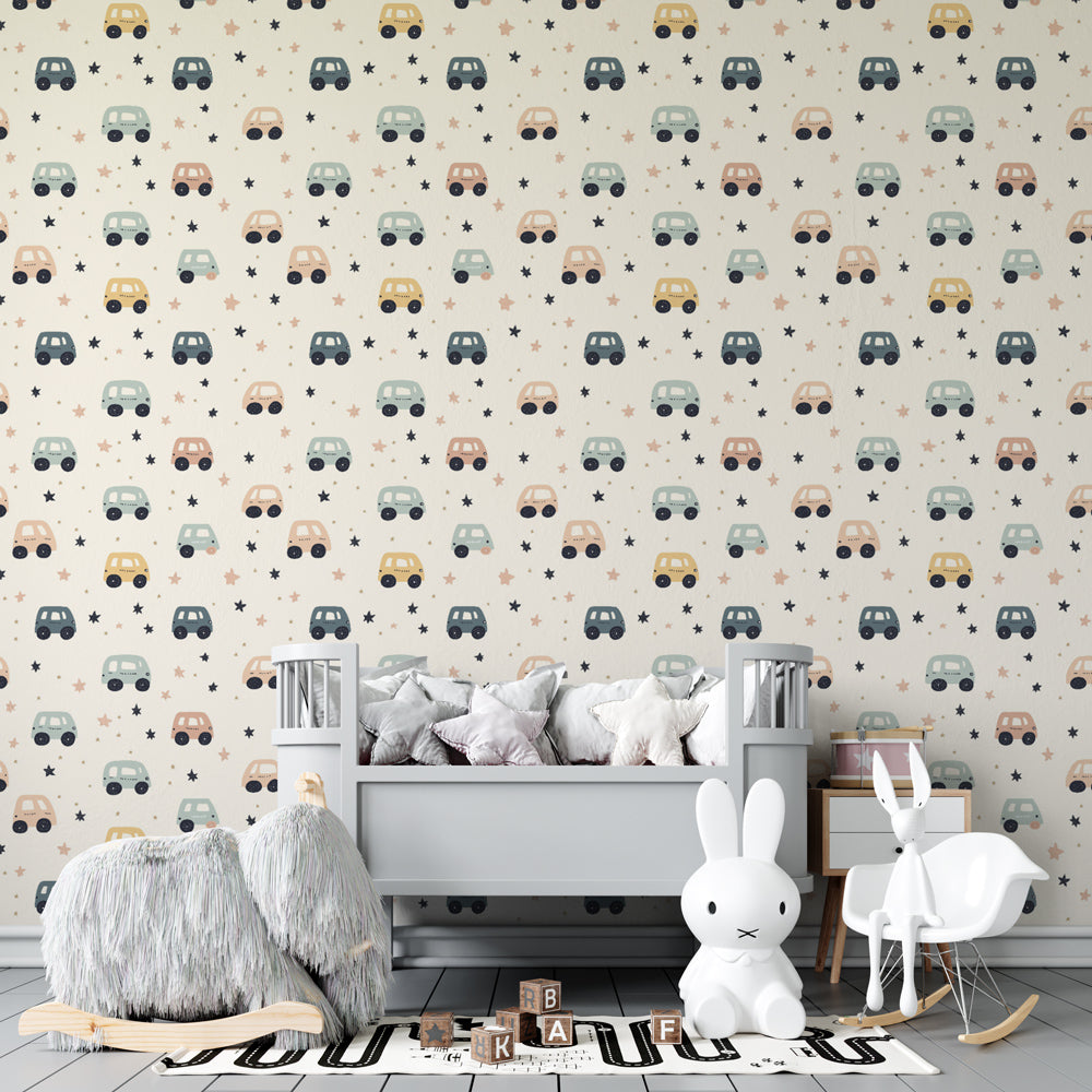 Vehicle themed mural wallpaper in modern kids playroom with soft transportation design