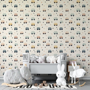 Vehicle themed mural wallpaper in modern kids playroom with soft transportation design