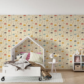 Transportation themed mural wallpaper with colorful cars decorating children's bedroom walls