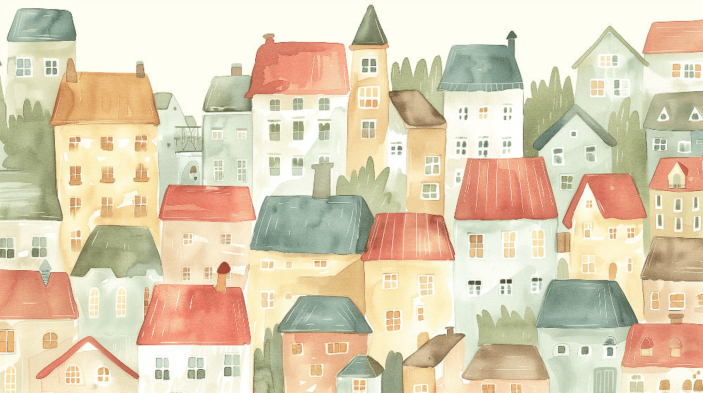 Detailed watercolor village mural wallpaper design pattern with pastel houses by Kids-Mundo