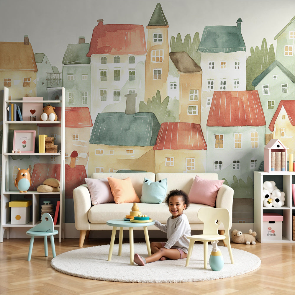 Watercolor village mural wallpaper with pastel houses in modern nursery by Kids-Mundo