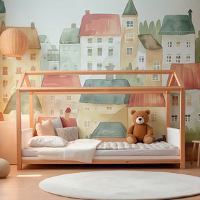 Charming watercolor village mural wallpaper transforming kids playroom space