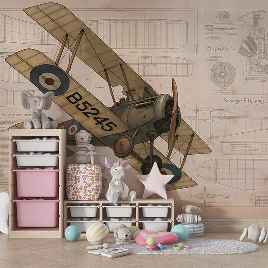 Kids-Mundo vintage aeroplane wall mural in a boys bedroom with hand-drawn propeller and wing details.