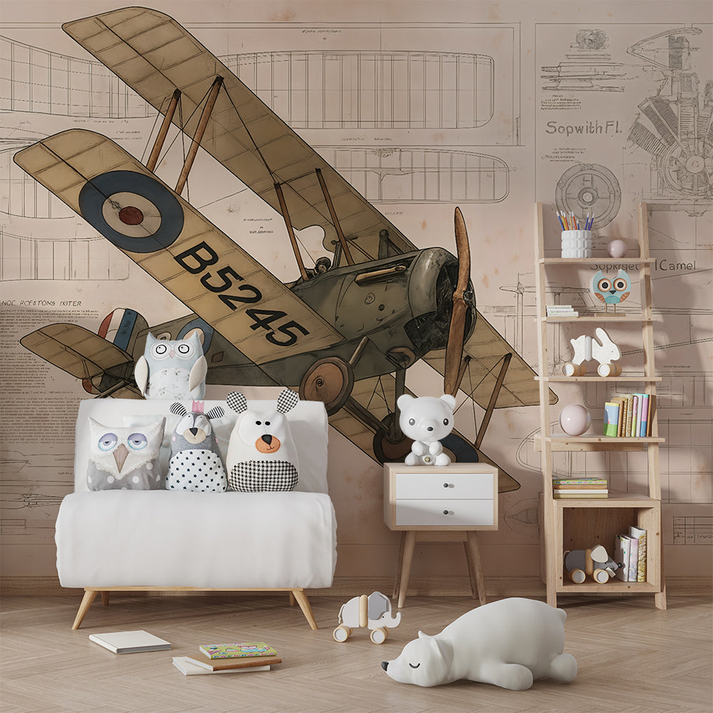 Kids-Mundo vintage aeroplane blueprint mural brightening a playroom wall for little explorers.