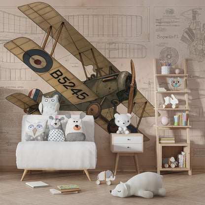 Kids-Mundo vintage aeroplane blueprint mural brightening a playroom wall for little explorers.