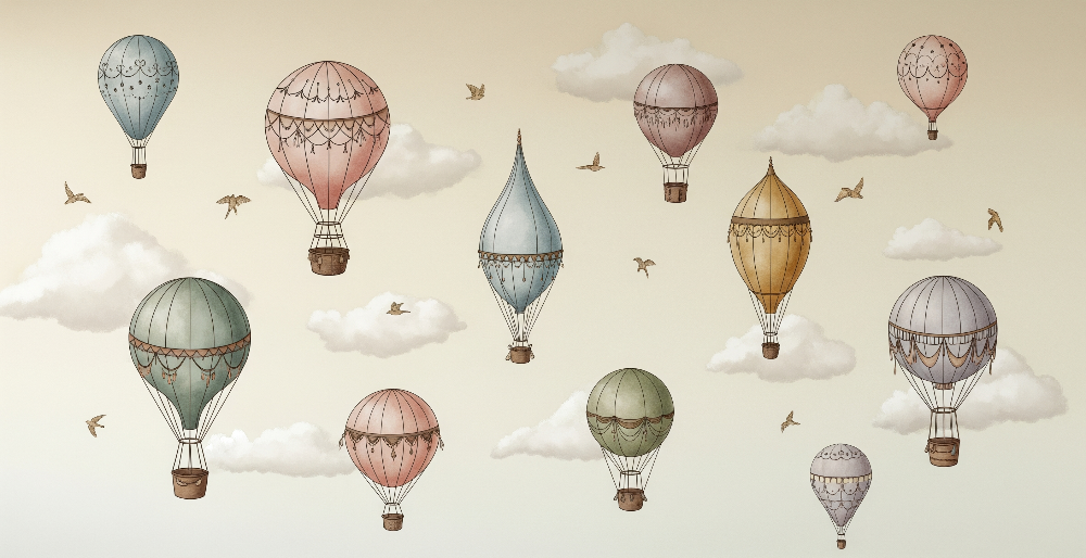 Kids-Mundo flat artwork of vintage-style hot air balloons and birds on a cream sky