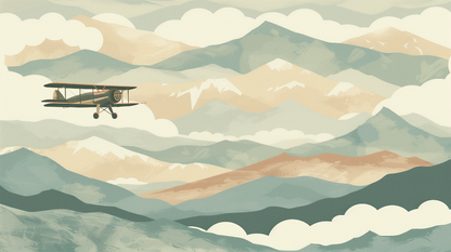 Kids-Mundo vintage biplane wall mural flat artwork showing layered pastel mountain ranges