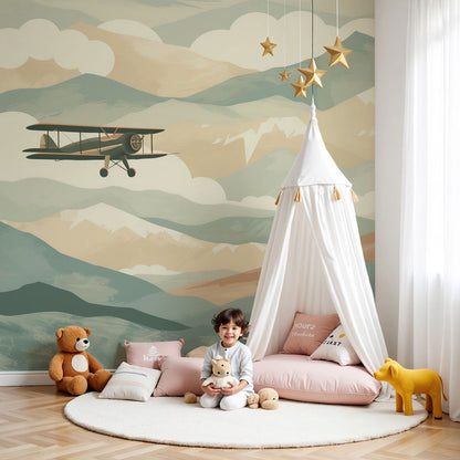 Kids-Mundo vintage biplane wall mural over pastel mountains in a calm nursery room setting