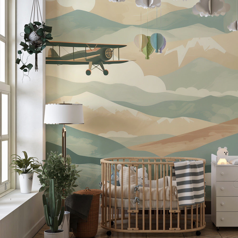Kids-Mundo biplane and mountain wall mural brightening a playful children's playroom space
